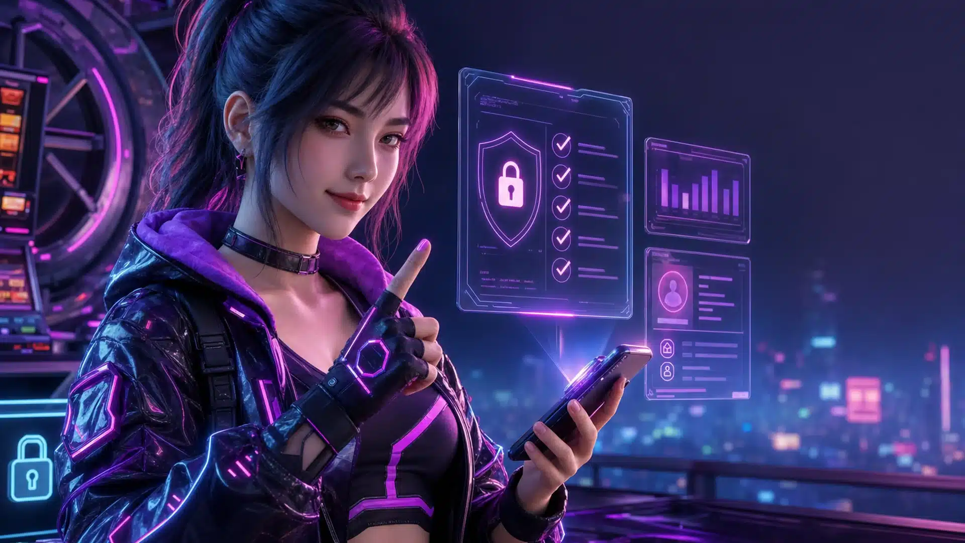 Ilustrasi audit akun akhir bulan dengan ponsel dan checklist holografik neon