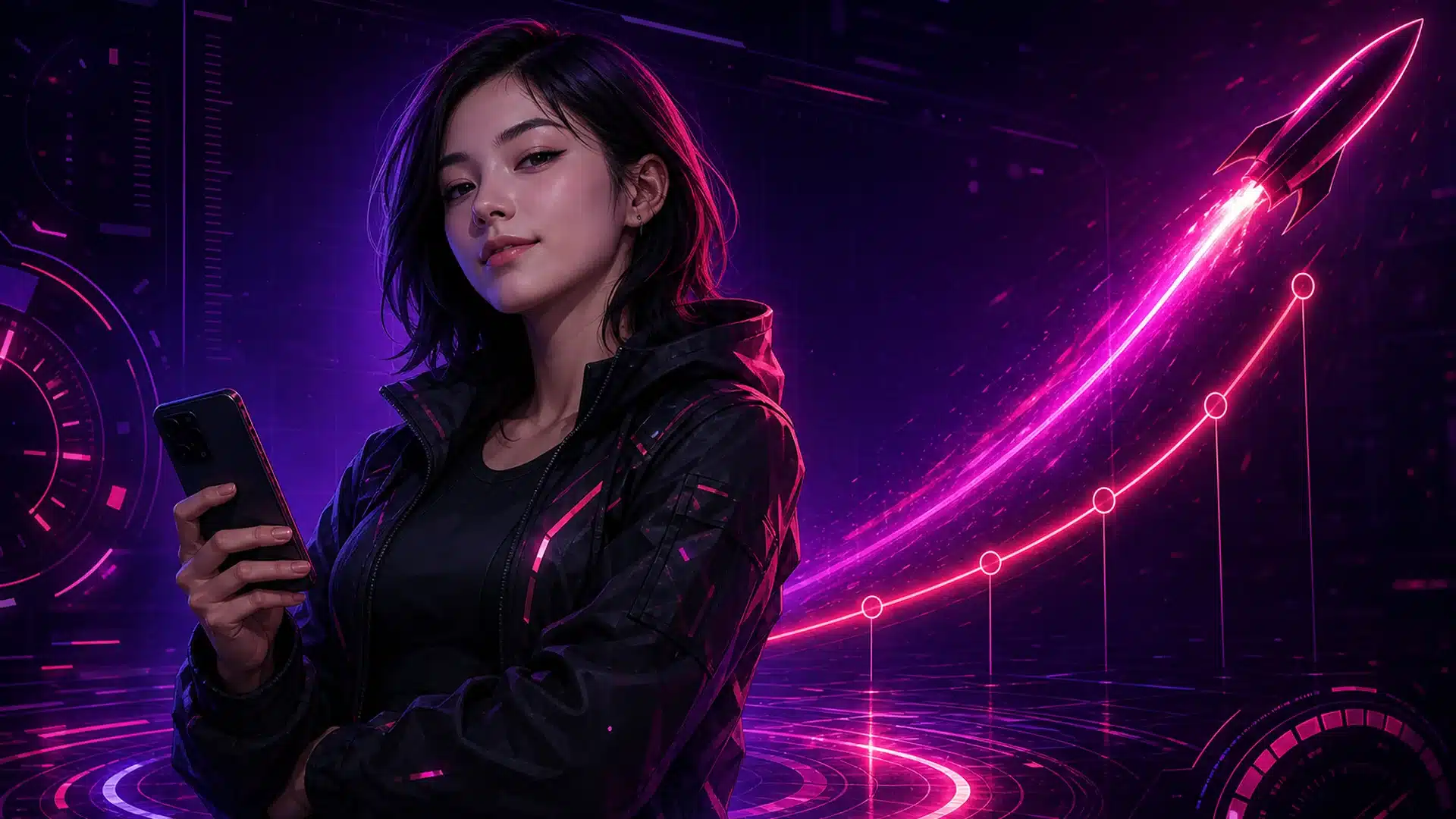Ilustrasi avatar cyberpunk melihat kurva cash out Aviator