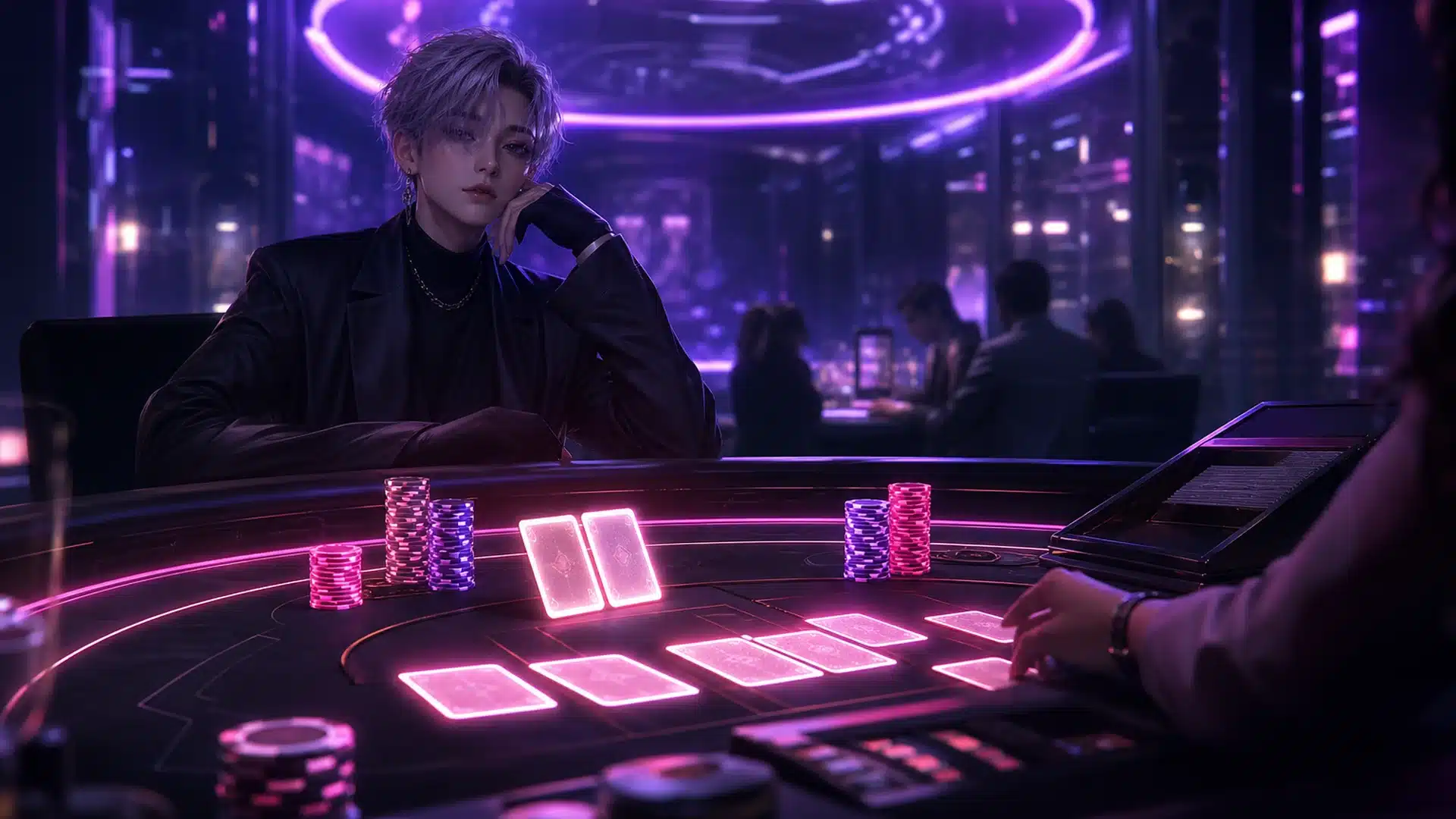 Ilustrasi meja blackjack live dengan kartu dan chip neon