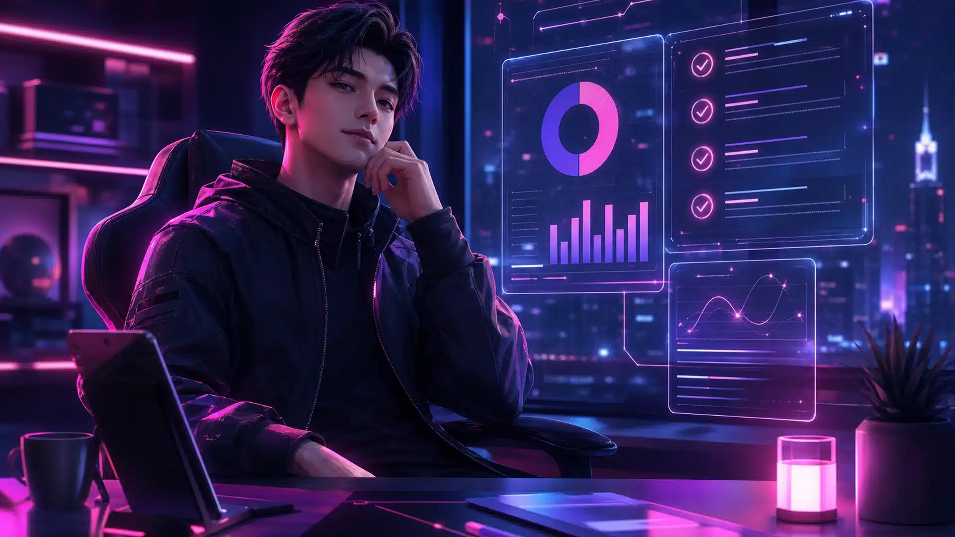 Ilustrasi catatan budget sesi gaming di layar hologram neon