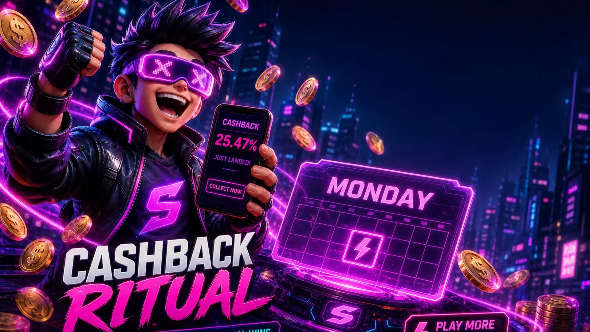 Ilustrasi cyberpunk cashback senin + leaderboard tips - Spinsakti