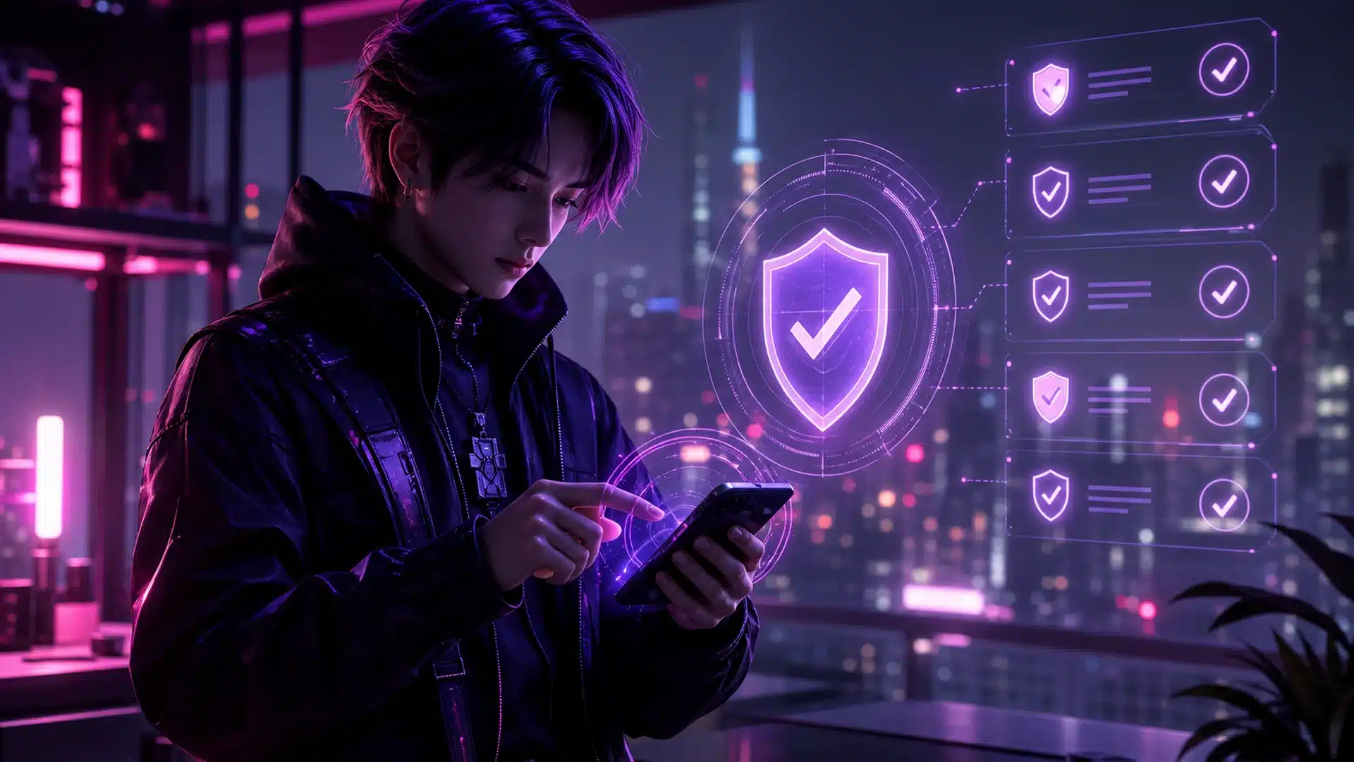 Ilustrasi checklist keamanan akun gaming dengan hologram ponsel