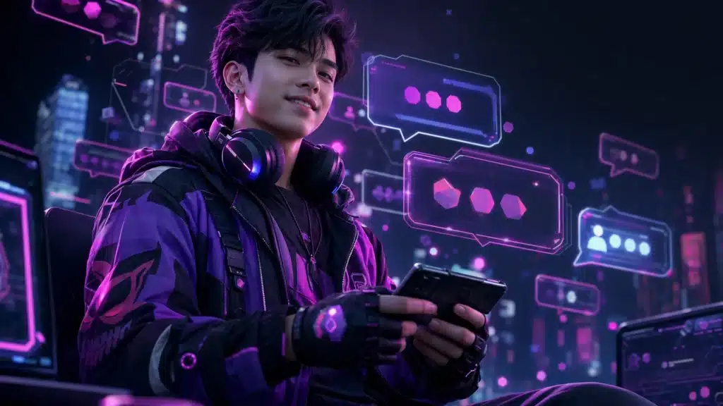 Ilustrasi ruang chat komunitas gaming dengan gelembung pesan neon