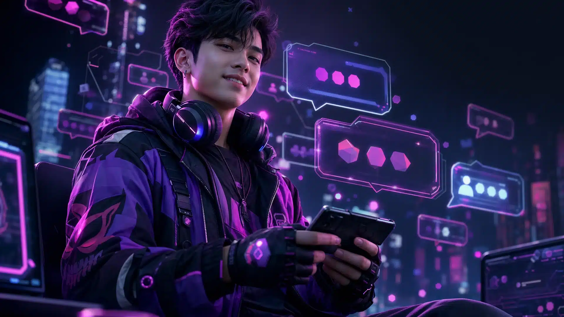 Ilustrasi ruang chat komunitas gaming dengan gelembung pesan neon