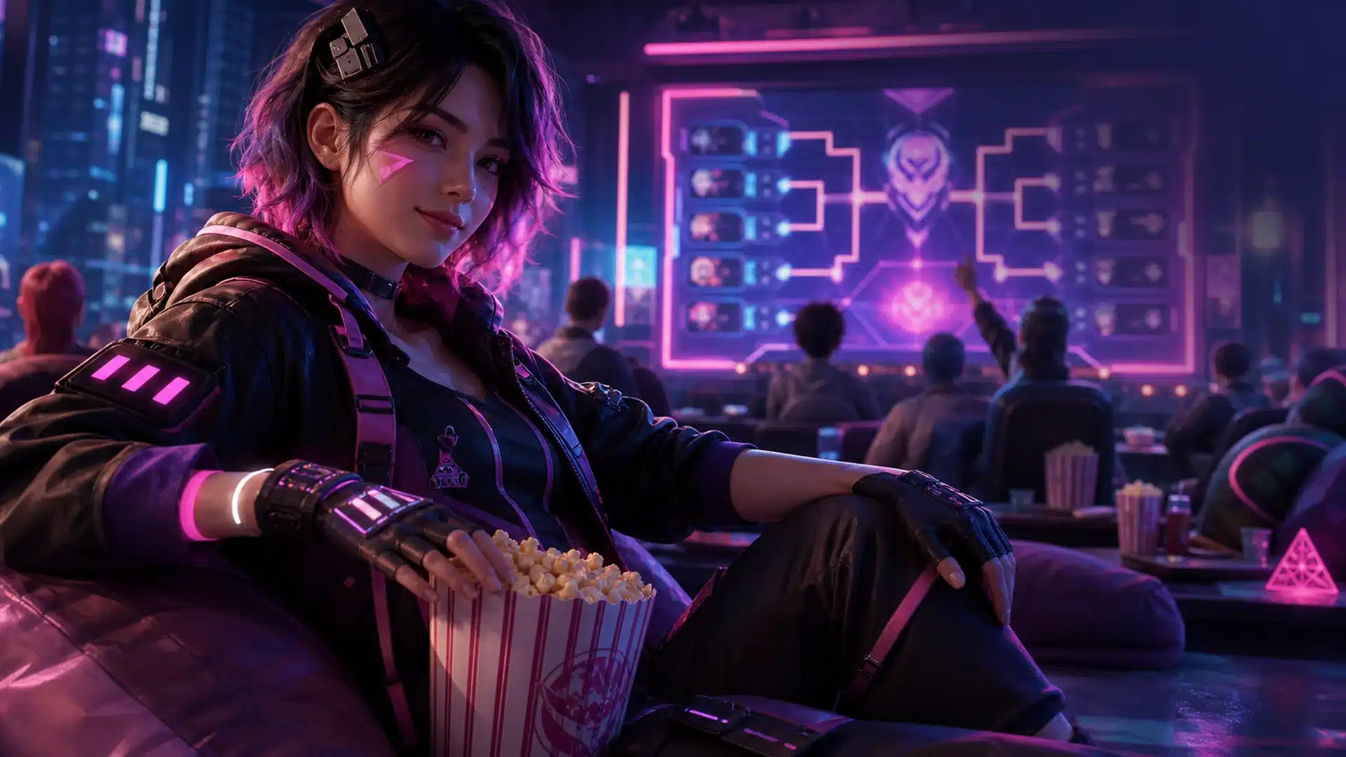 Ilustrasi penonton film turnamen game di kamar cyberpunk bernuansa neon