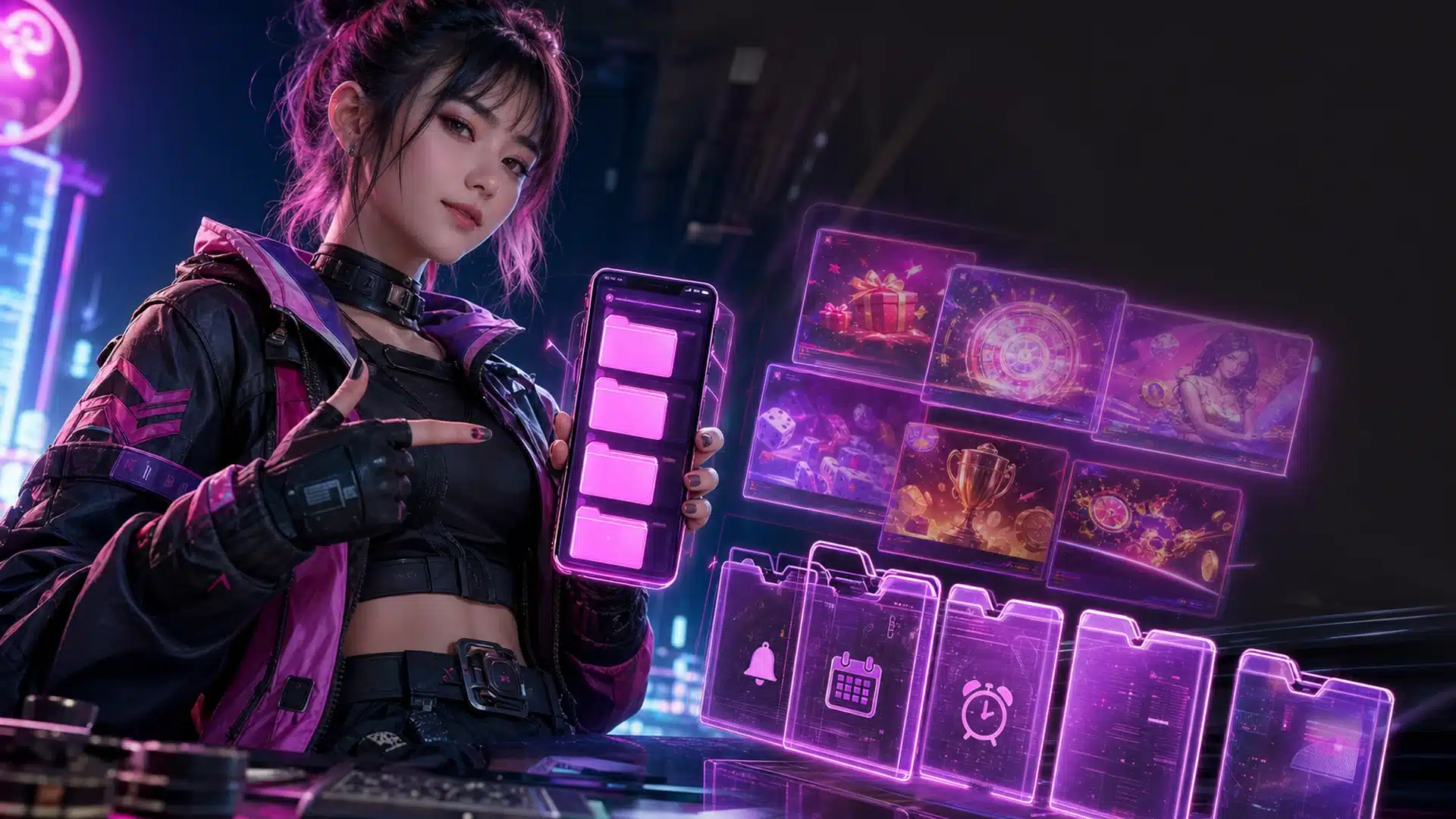 Ilustrasi ponsel cyberpunk dengan folder promo tertata rapi