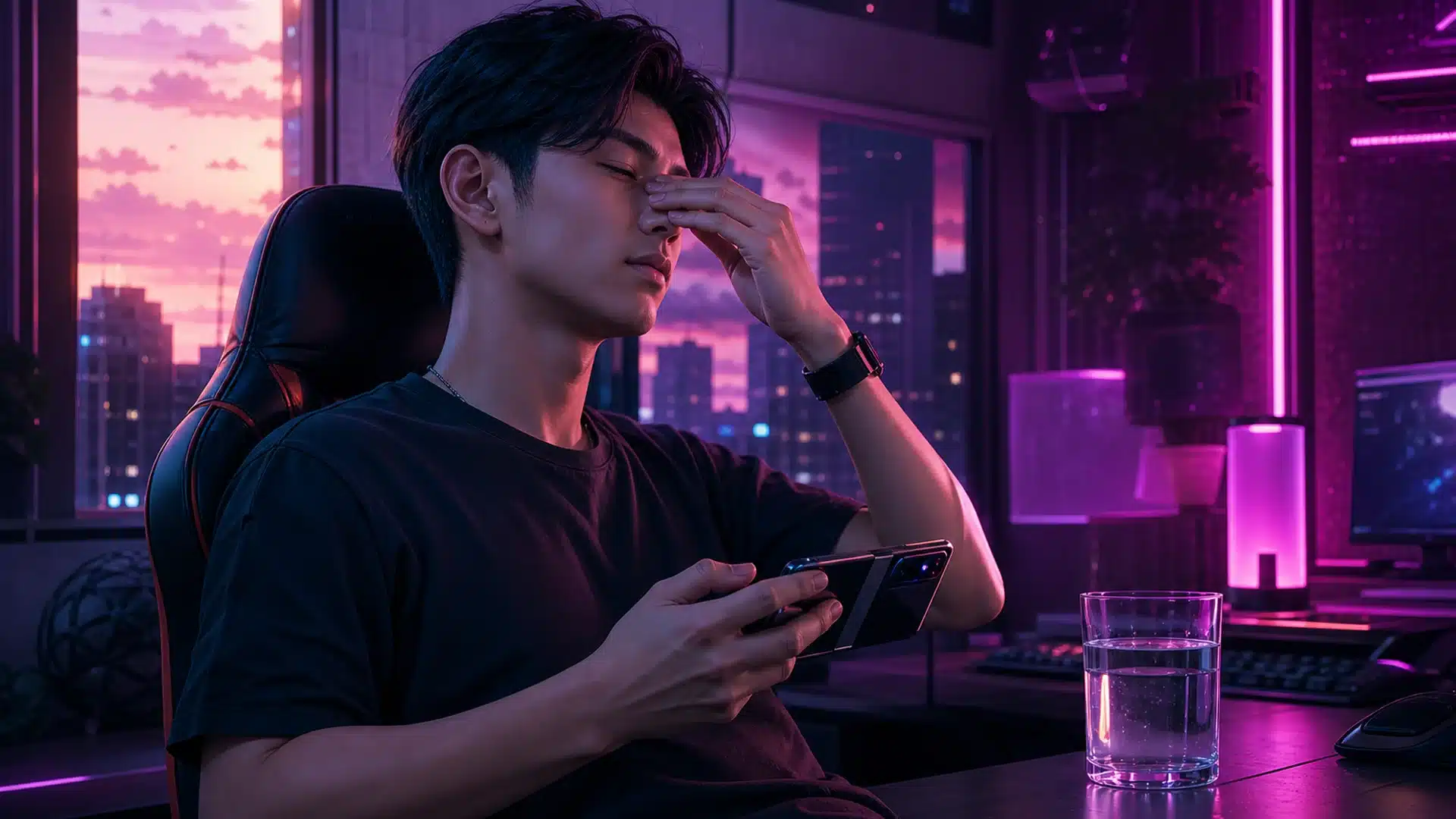 Ilustrasi gamer mengistirahatkan mata dari layar ponsel neon