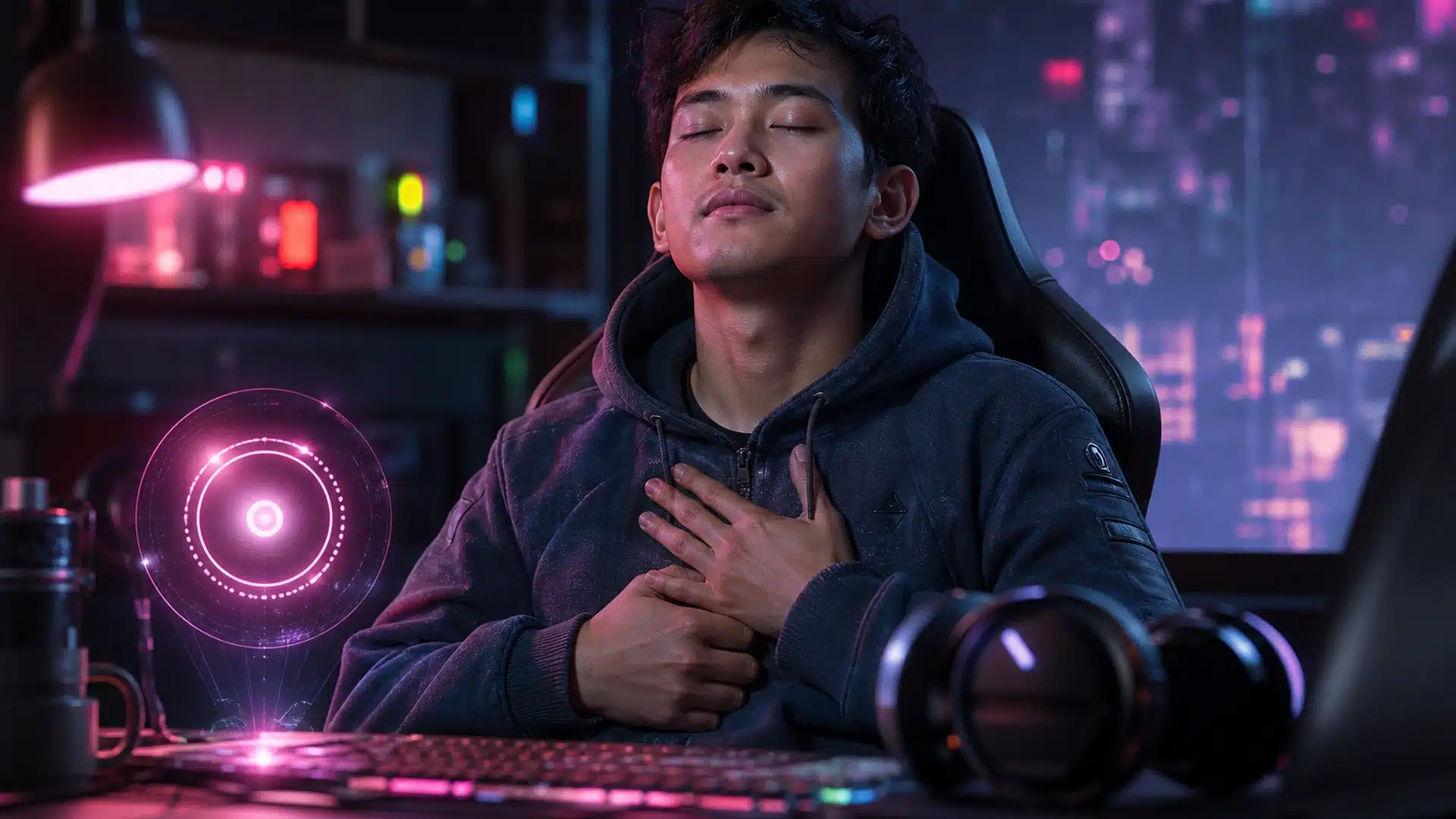 Ilustrasi gamer cyberpunk mengambil jeda napas setelah Rabu padat di meja neon