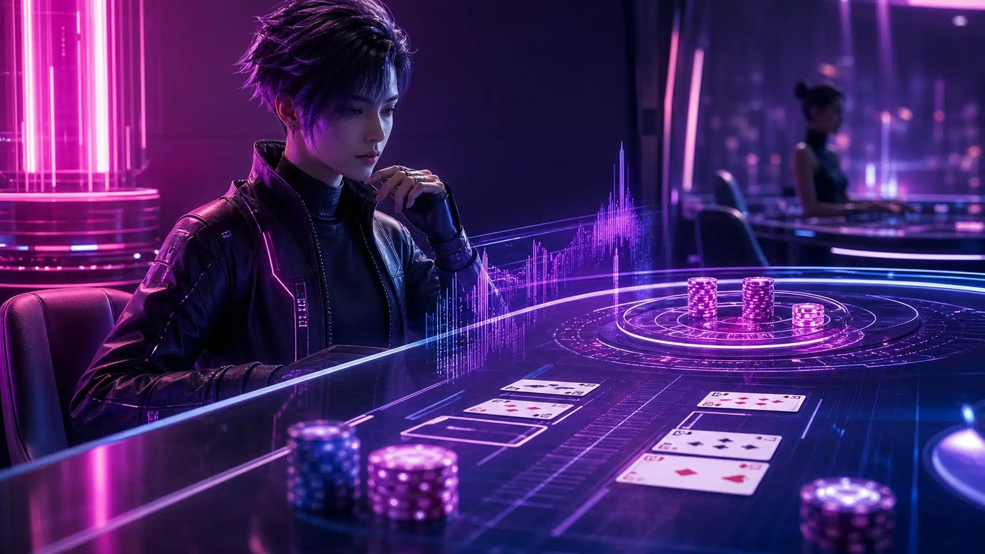 Ilustrasi gamer cyberpunk memilih meja live baccarat dengan kartu dan chip neon