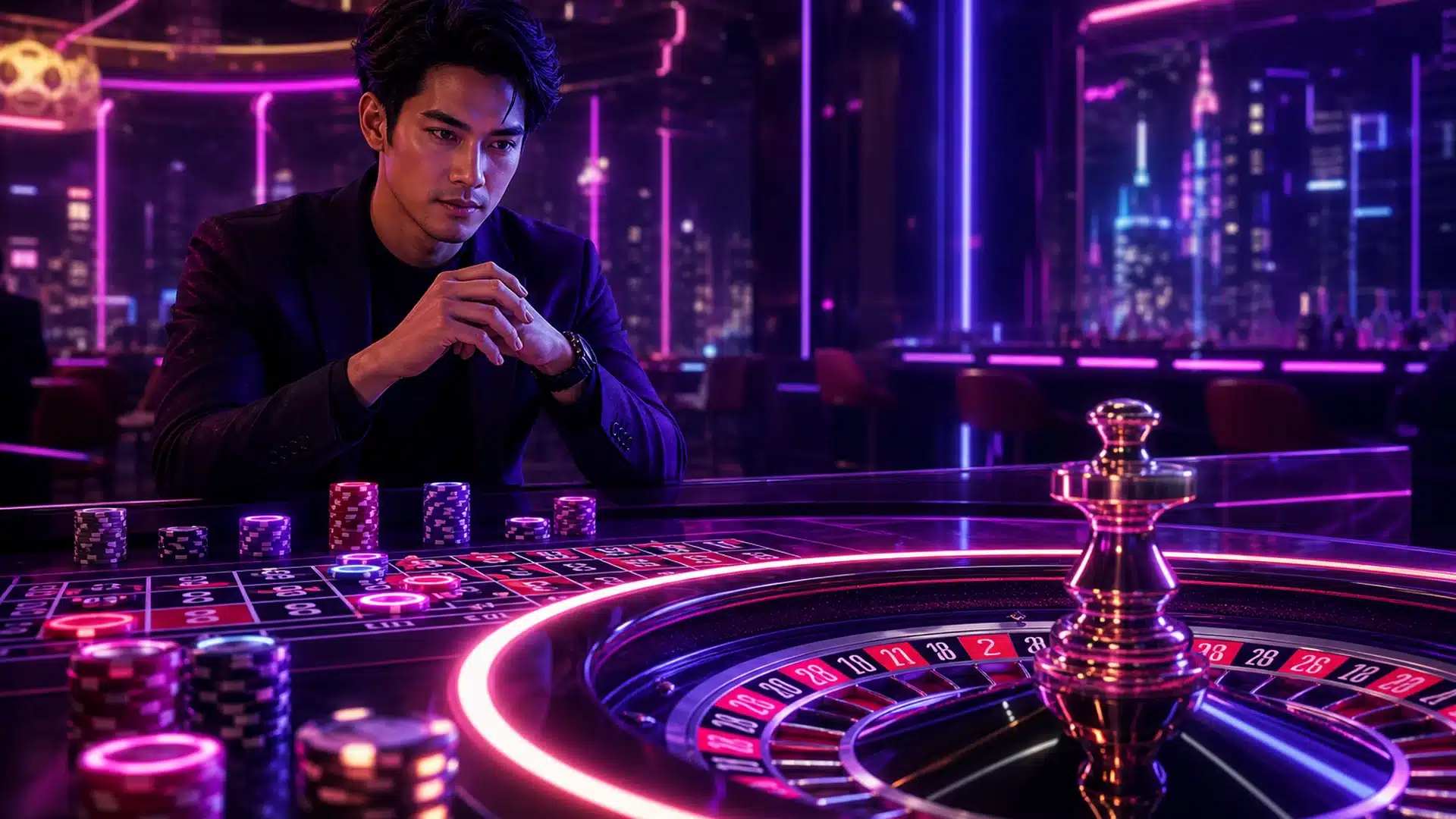 Ilustrasi meja live roulette cyberpunk dengan roda neon
