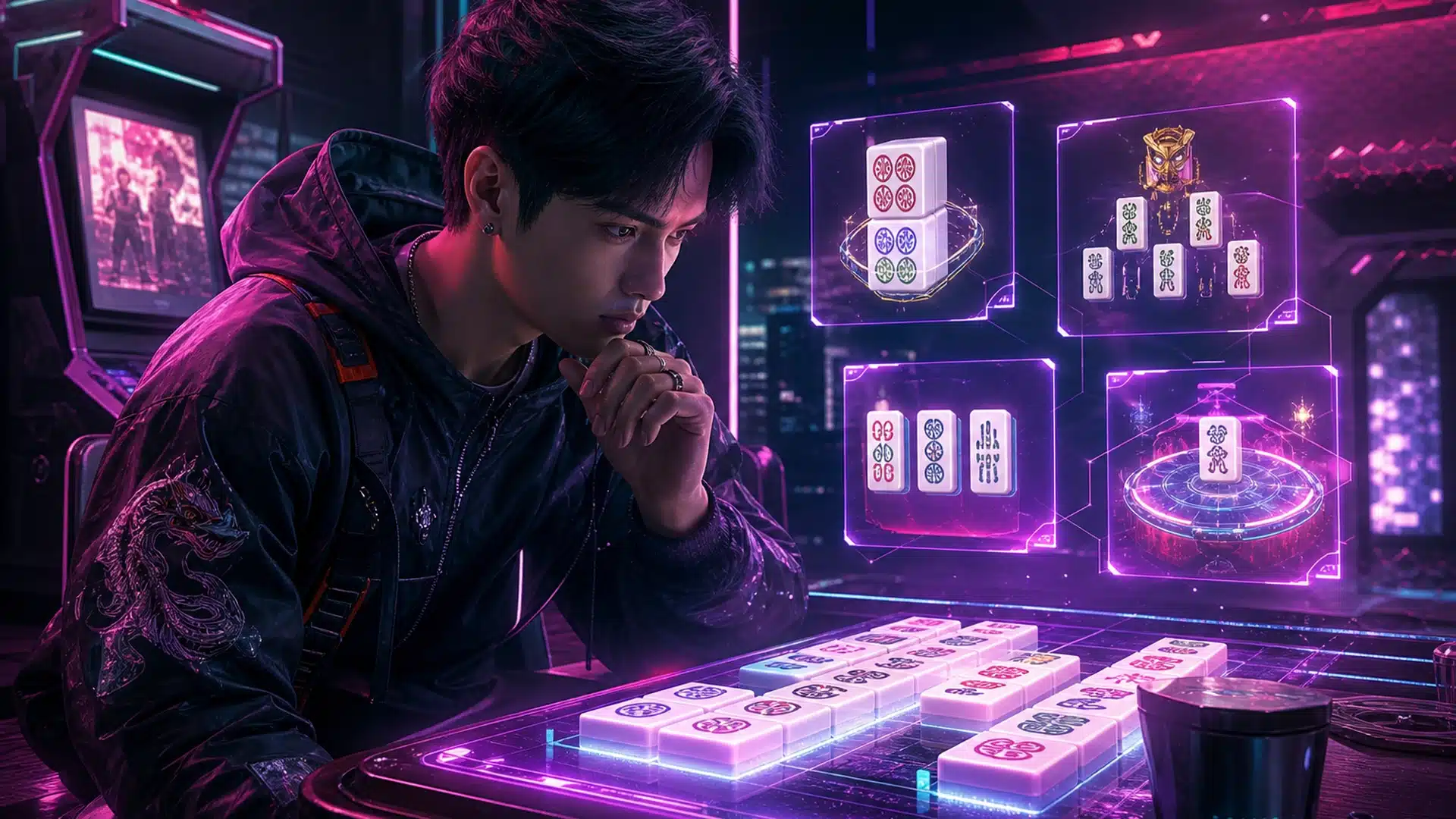 Ilustrasi gamer cyberpunk mempelajari fitur Mahjong Ways dengan ubin neon tanpa logo
