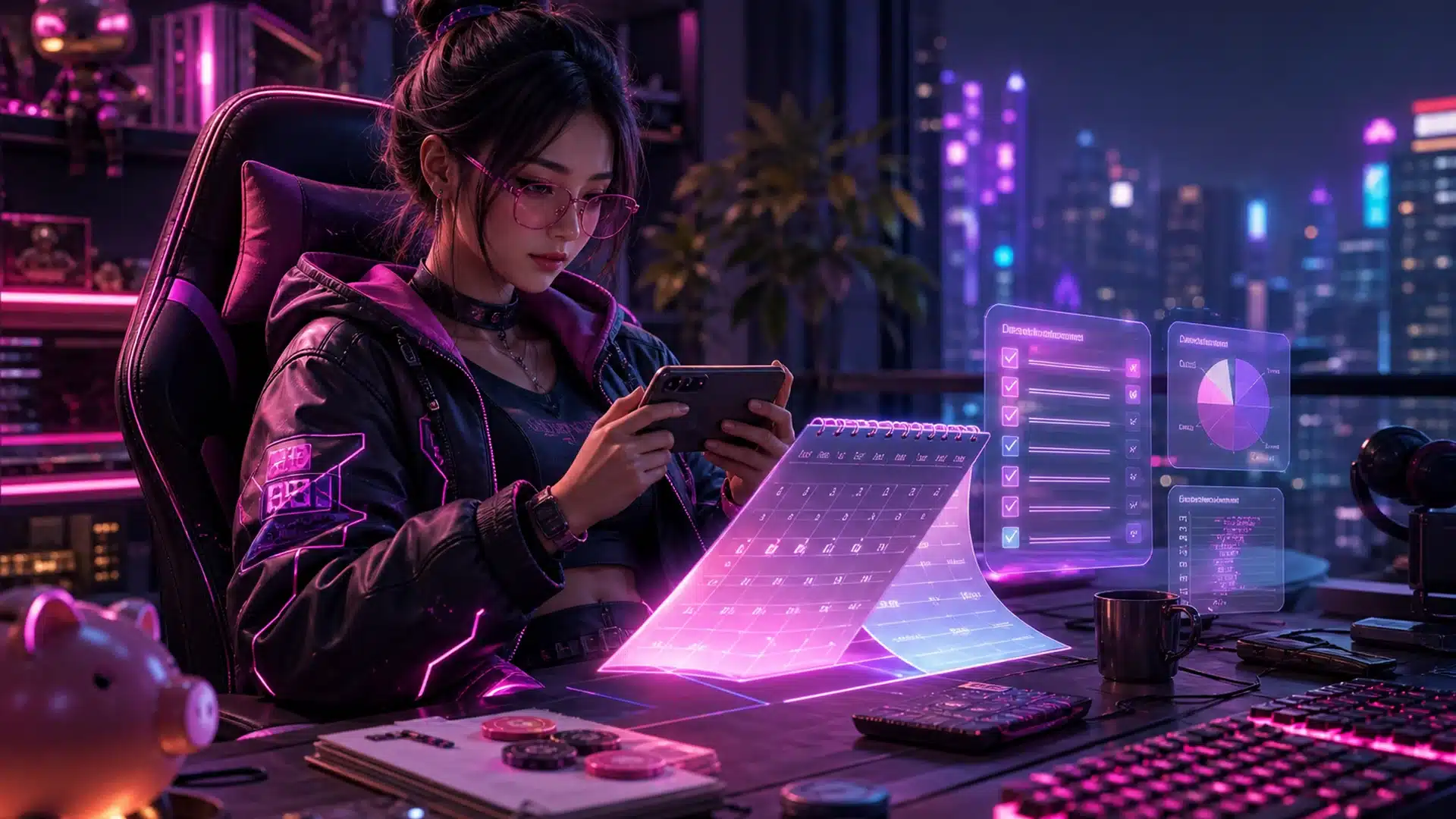 Ilustrasi kalender akhir Juni dan rencana hiburan Juli dalam nuansa cyberpunk
