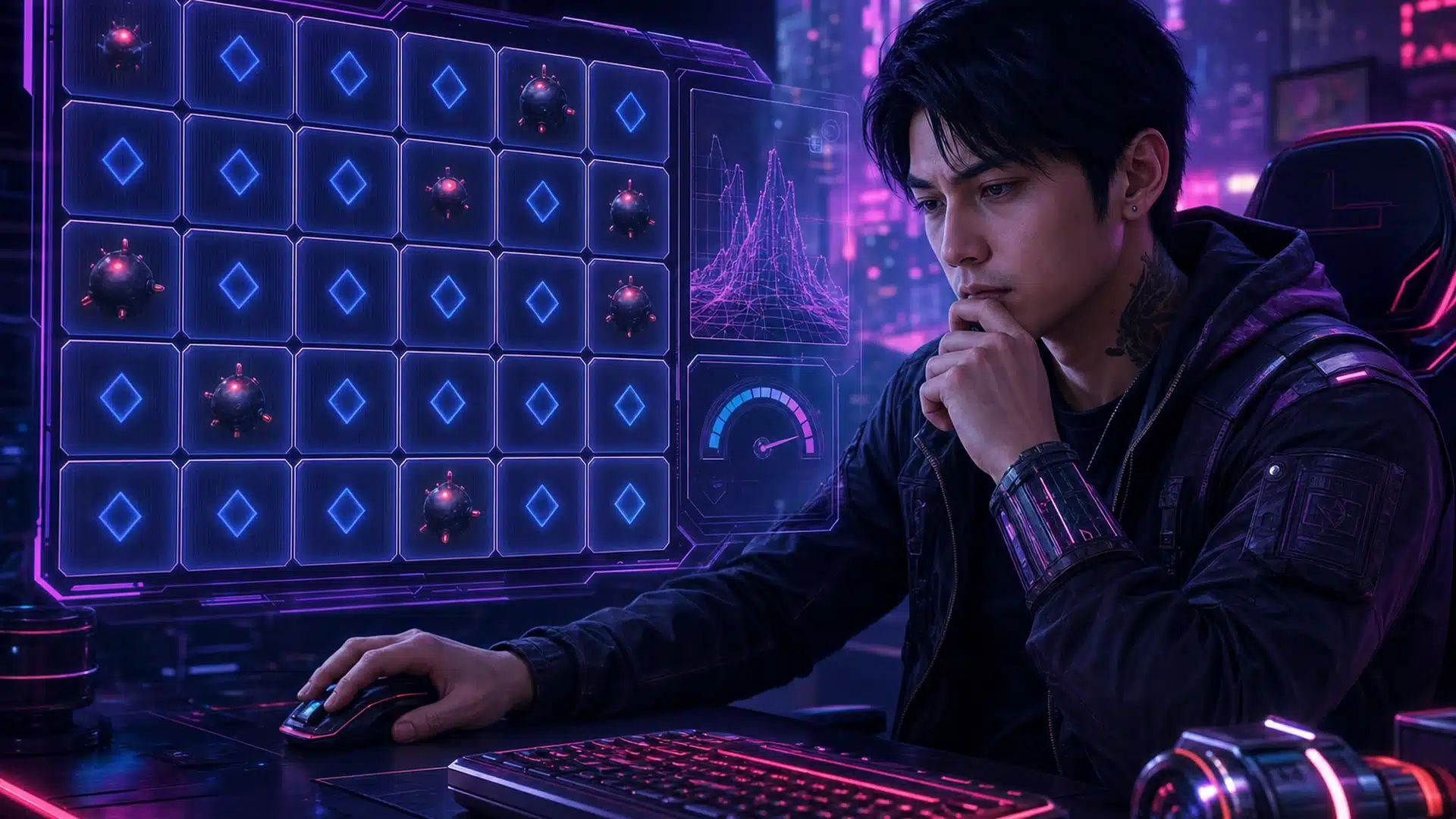 Ilustrasi gamer cyberpunk mengatur batas klik Mines dengan grid neon dan panel risiko