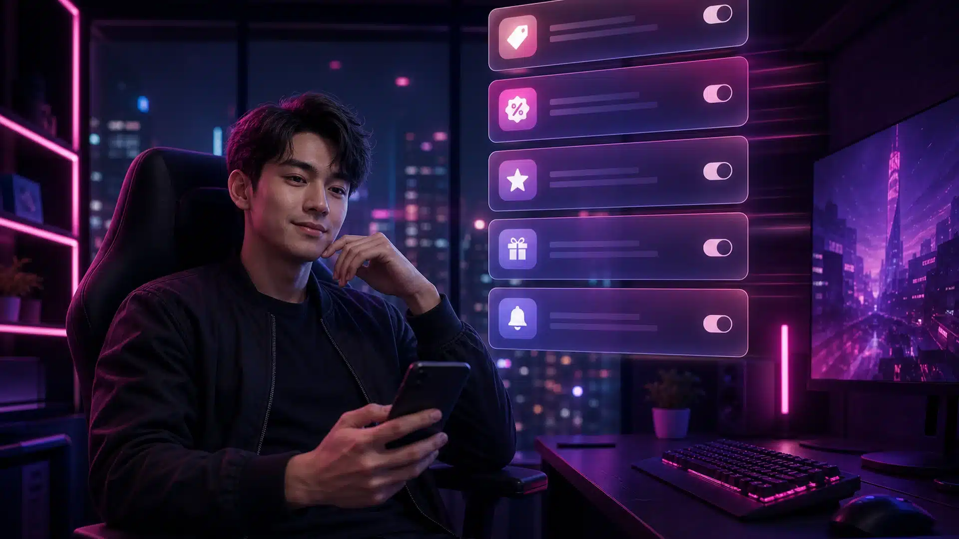 Ilustrasi ponsel dengan notifikasi promo neon yang tertata rapi