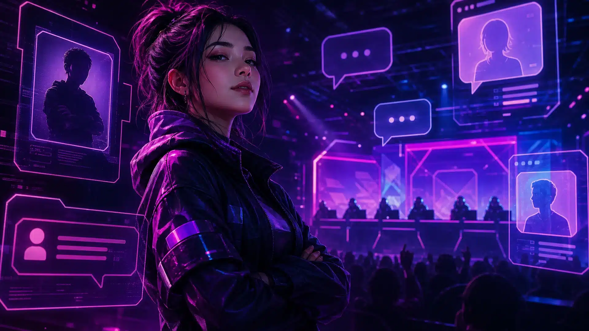 Ilustrasi komunitas esports lokal berdiskusi di arena neon