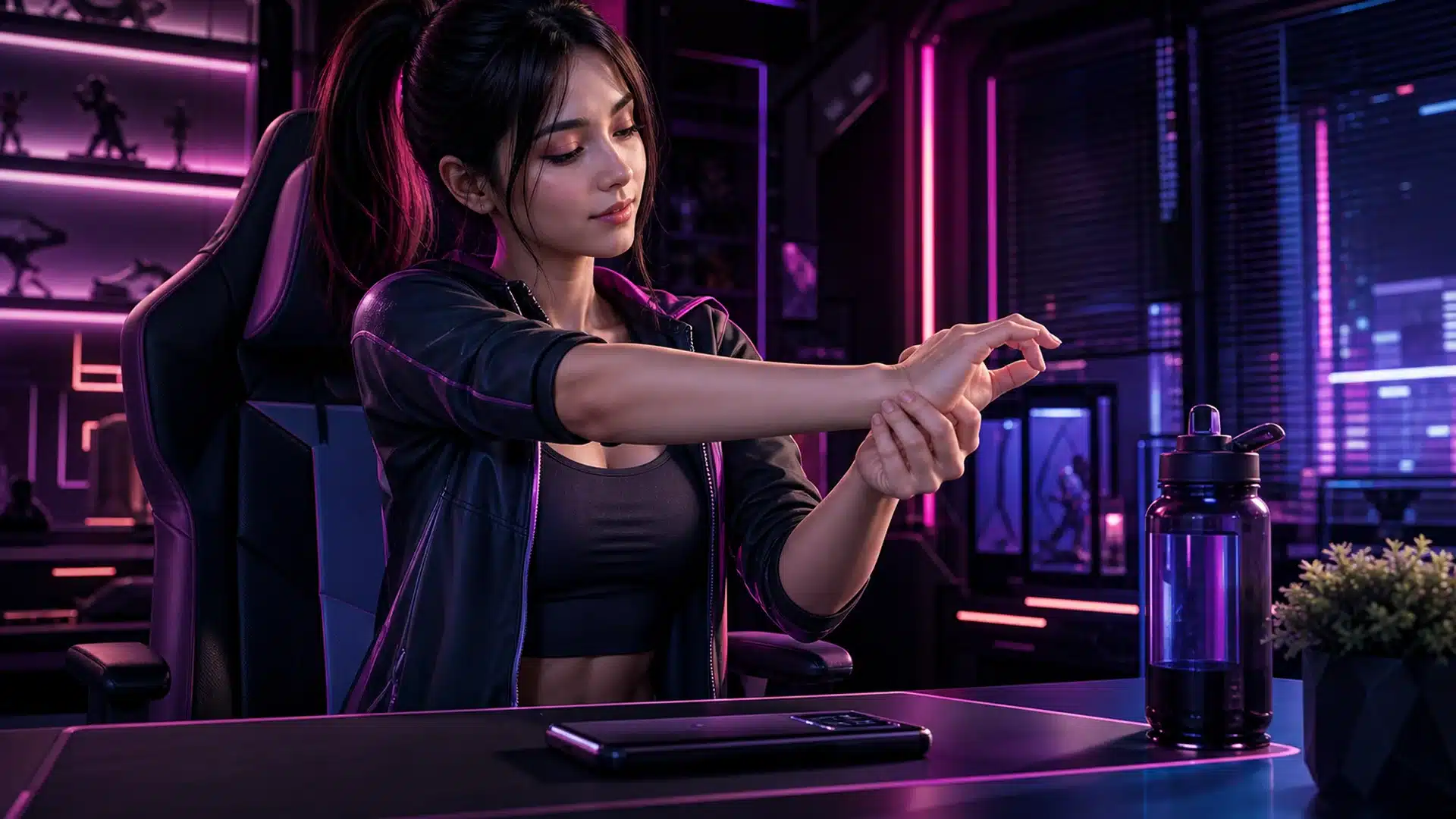Ilustrasi gamer melakukan pemanasan pergelangan tangan di meja neon