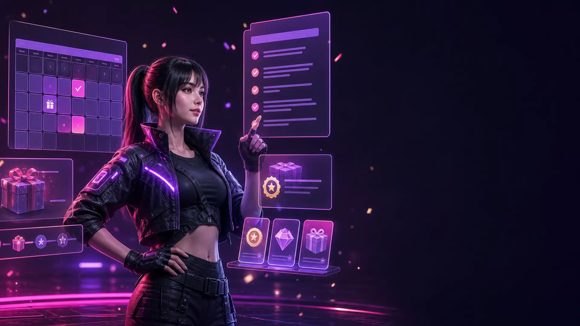 Ilustrasi gamer cyberpunk memeriksa dashboard promo akhir bulan dengan panel neon