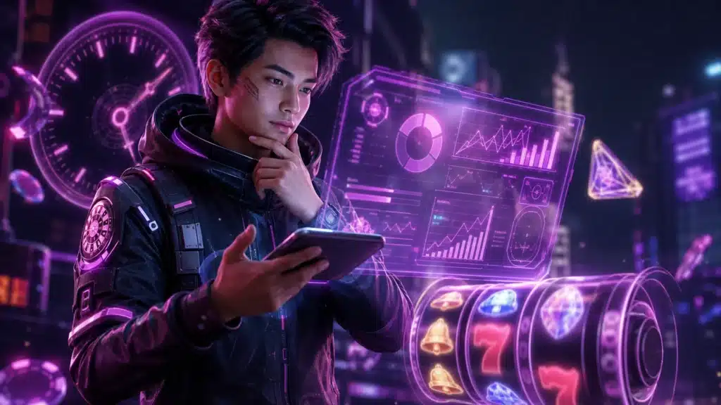 Ilustrasi panel RTP slot holografik dengan jam neon dan gulungan game