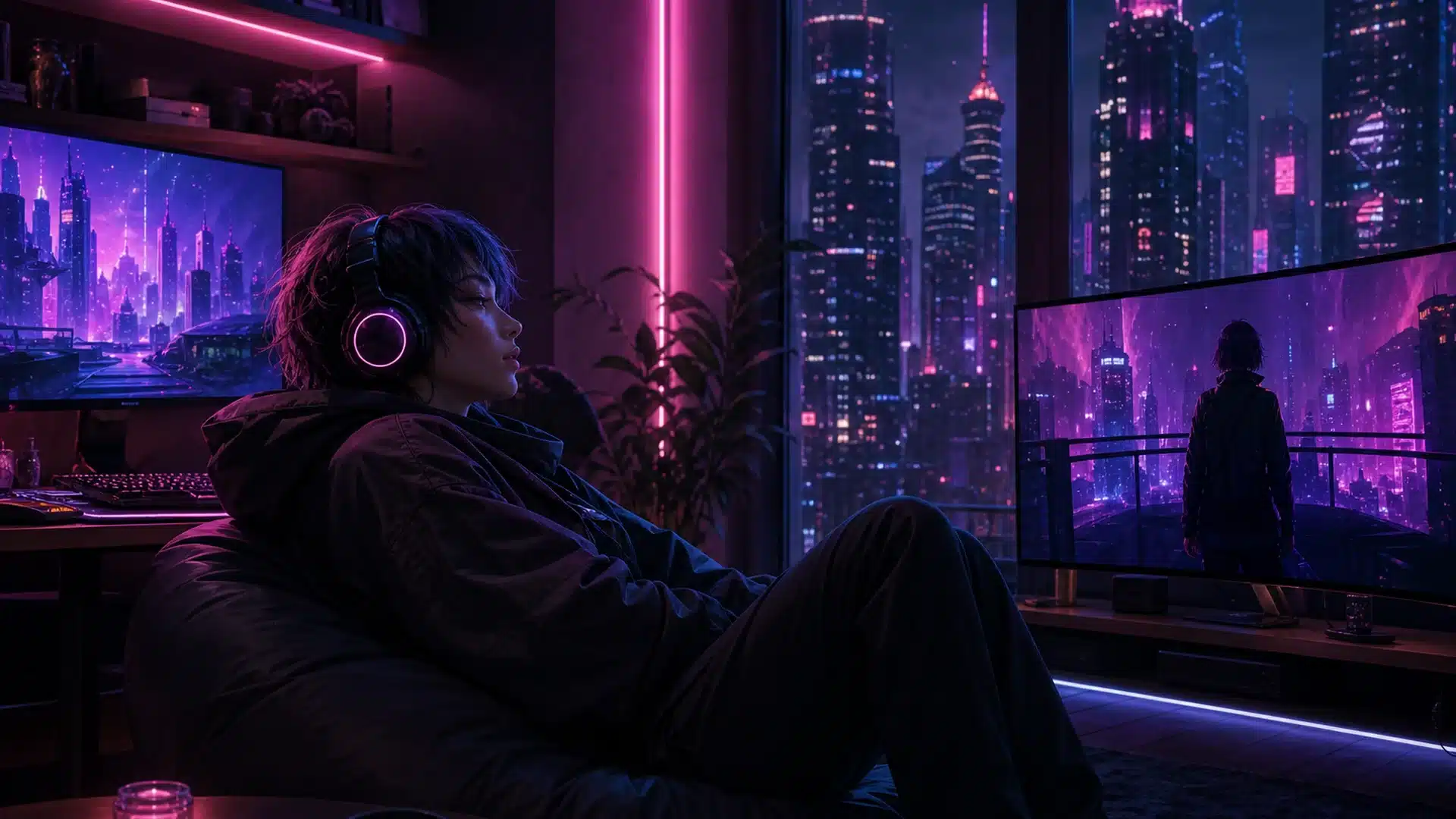 Ilustrasi penonton memilih serial cyberpunk ringan di kamar neon