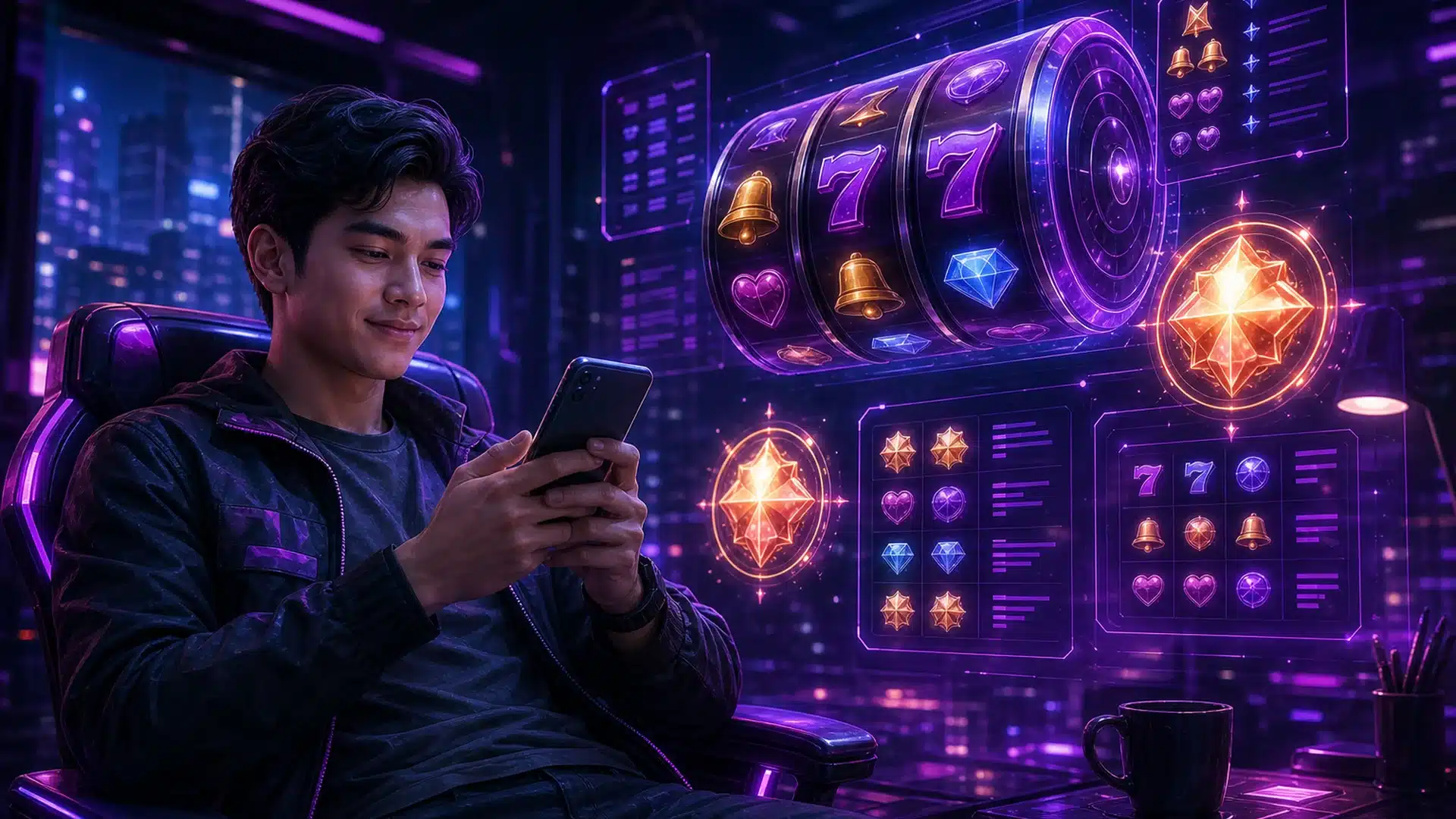 Ilustrasi gamer memilih slot online bertempo santai pada malam kerja
