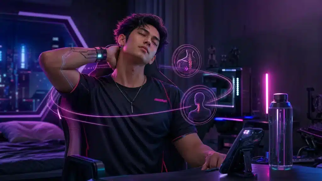Ilustrasi gamer melakukan stretching leher di kamar neon sebelum tidur