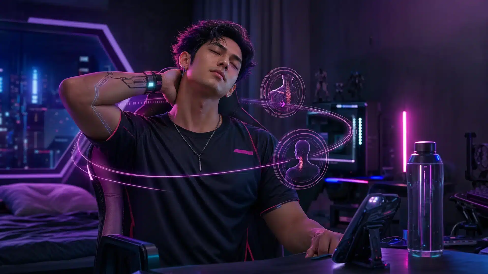 Ilustrasi gamer melakukan stretching leher di kamar neon sebelum tidur