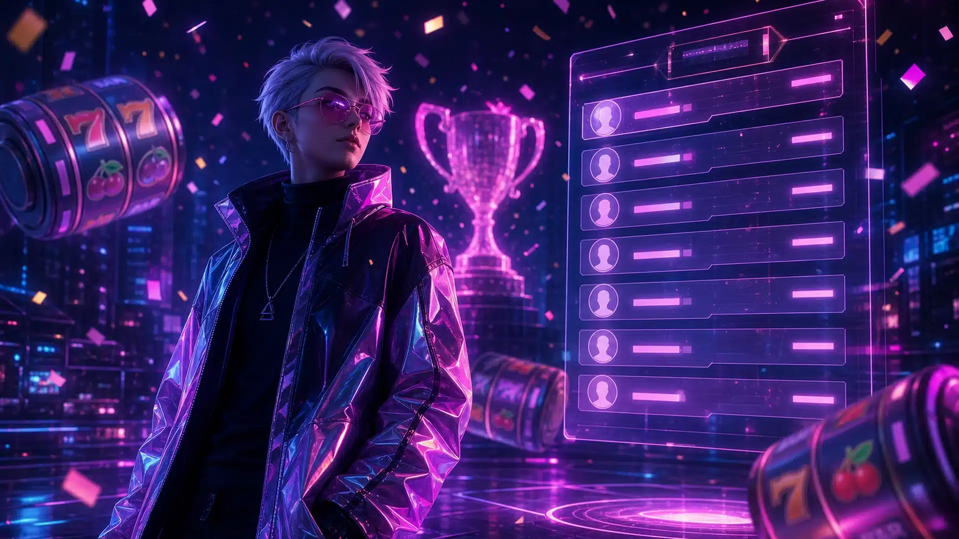 Ilustrasi leaderboard turnamen slot weekend dengan cahaya cyberpunk
