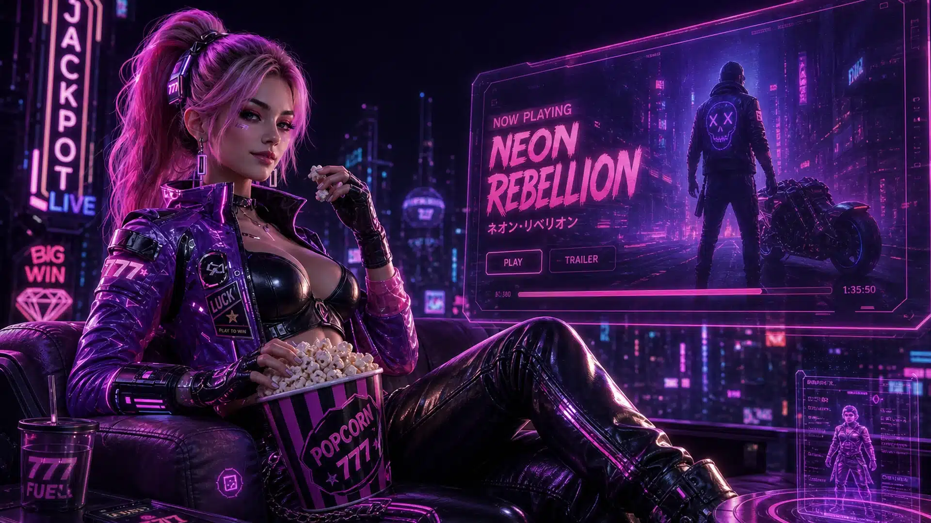 Ilustrasi adegan heist kasino cyberpunk dengan lampu neon dan layar streaming