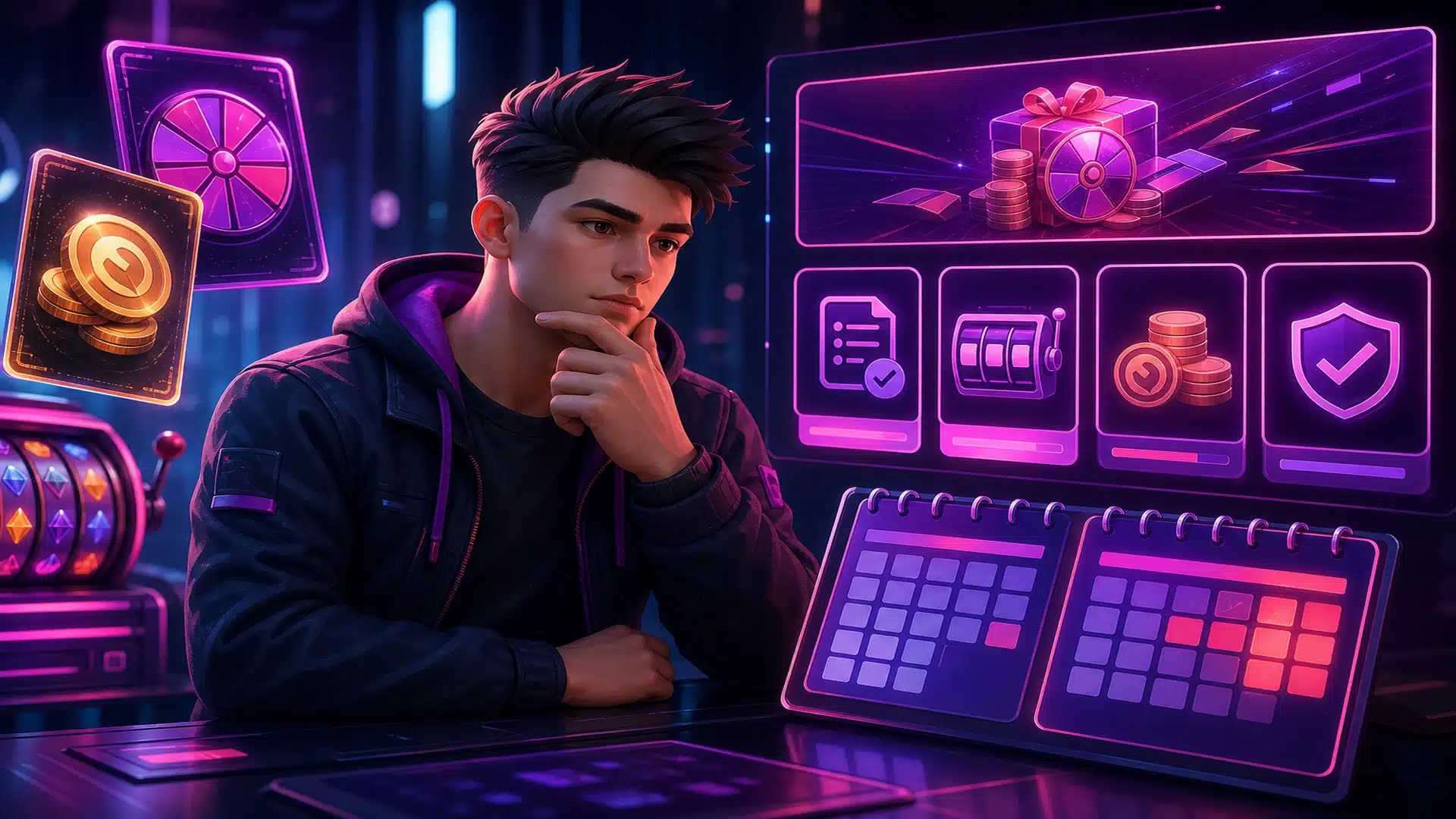 Ilustrasi voucher free spin Jumat dengan gulungan slot neon tanpa logo