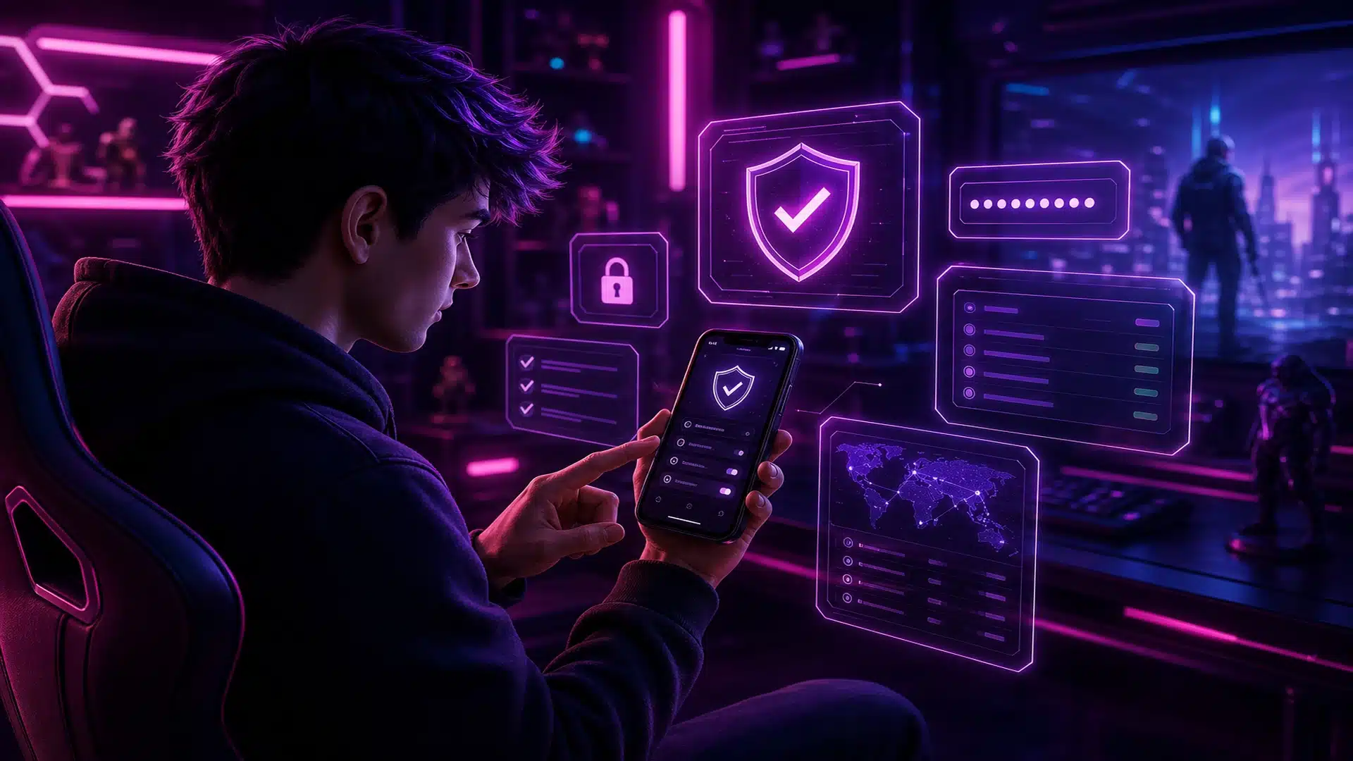 Ilustrasi avatar gamer mengecek keamanan akun dari dashboard neon