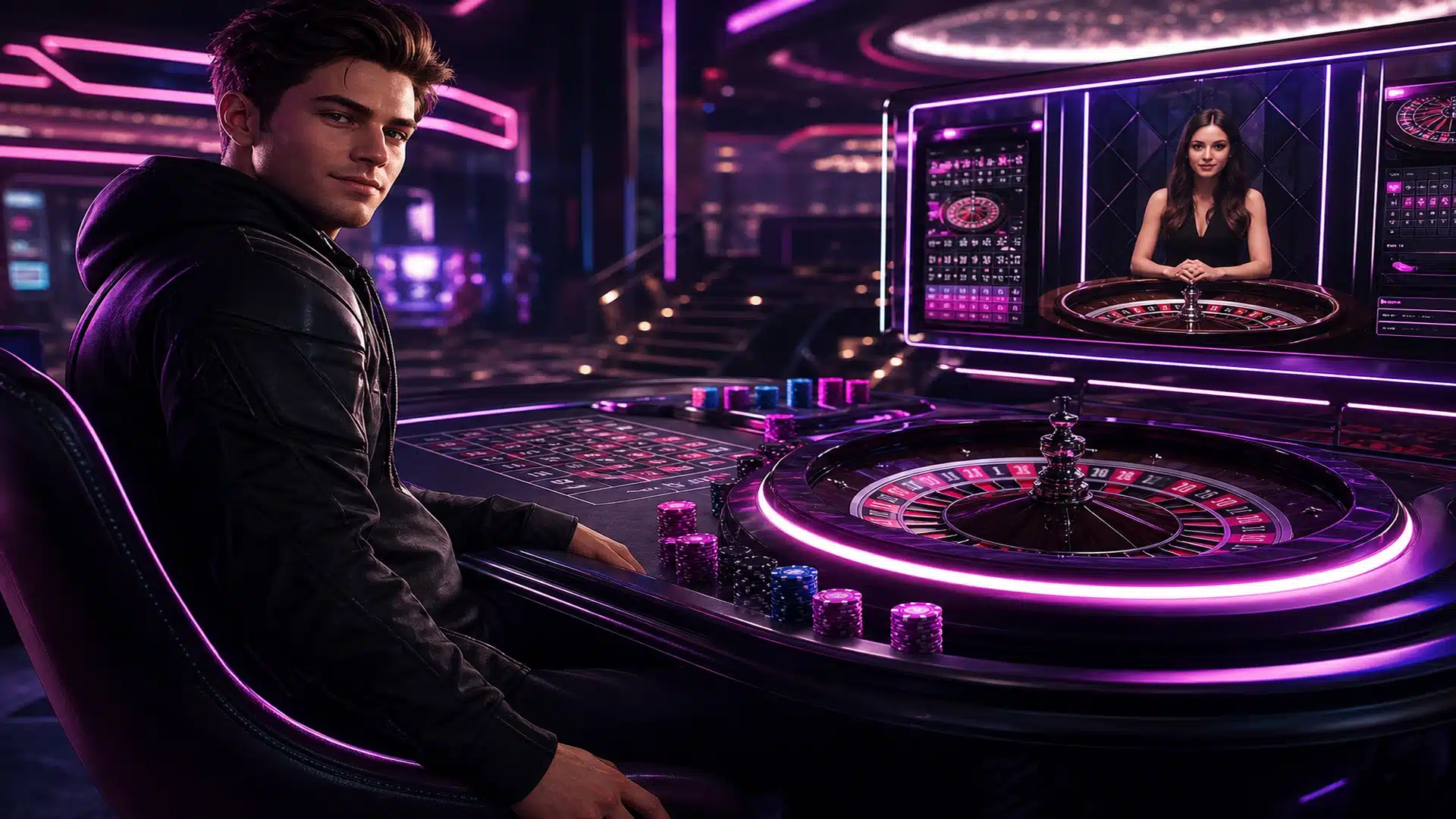 Ilustrasi meja live roulette futuristik dengan roda dan chip neon