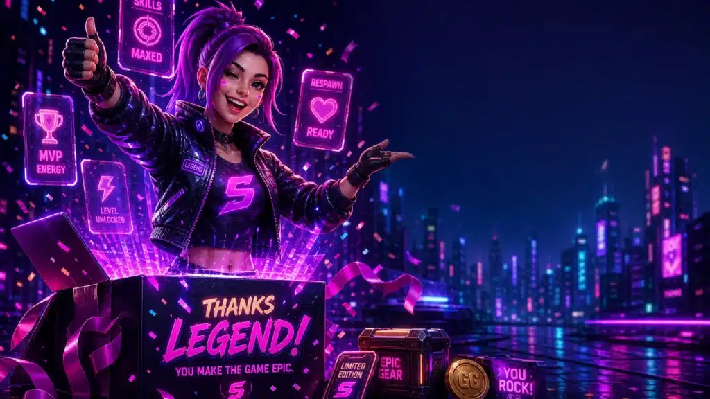 Ilustrasi meja gaming akhir Juli dengan kalender, catatan budget, dan lampu neon