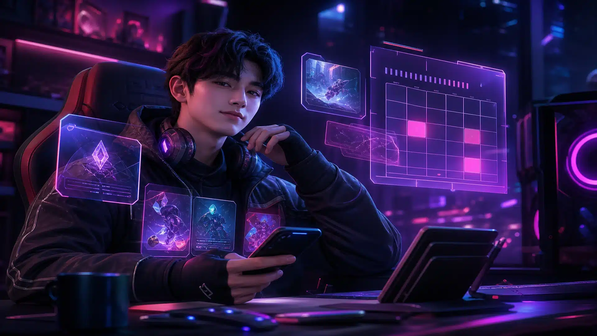Ilustrasi gamer mengecek promo awal Juli dan budget hiburan di panel neon