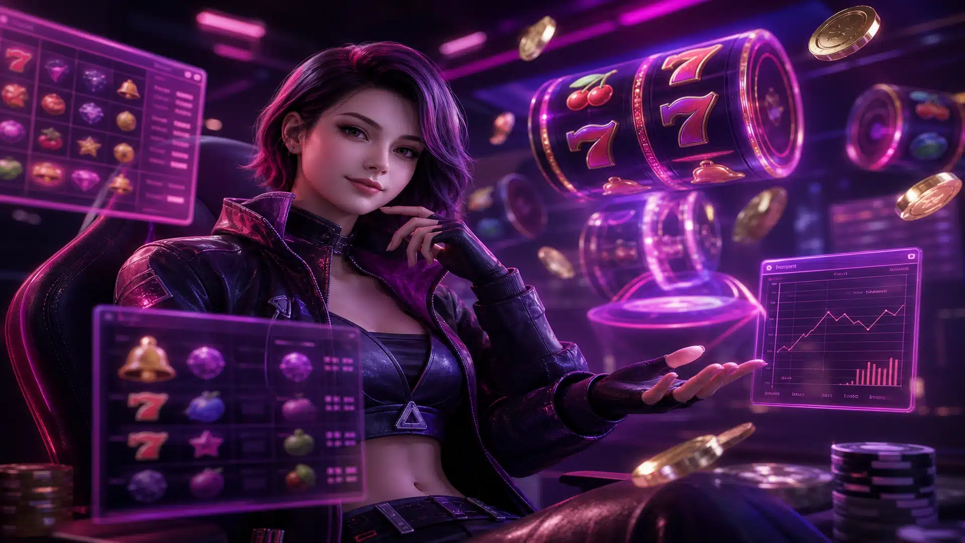 Ilustrasi gulungan slot online volatilitas rendah dengan paytable holografik neon