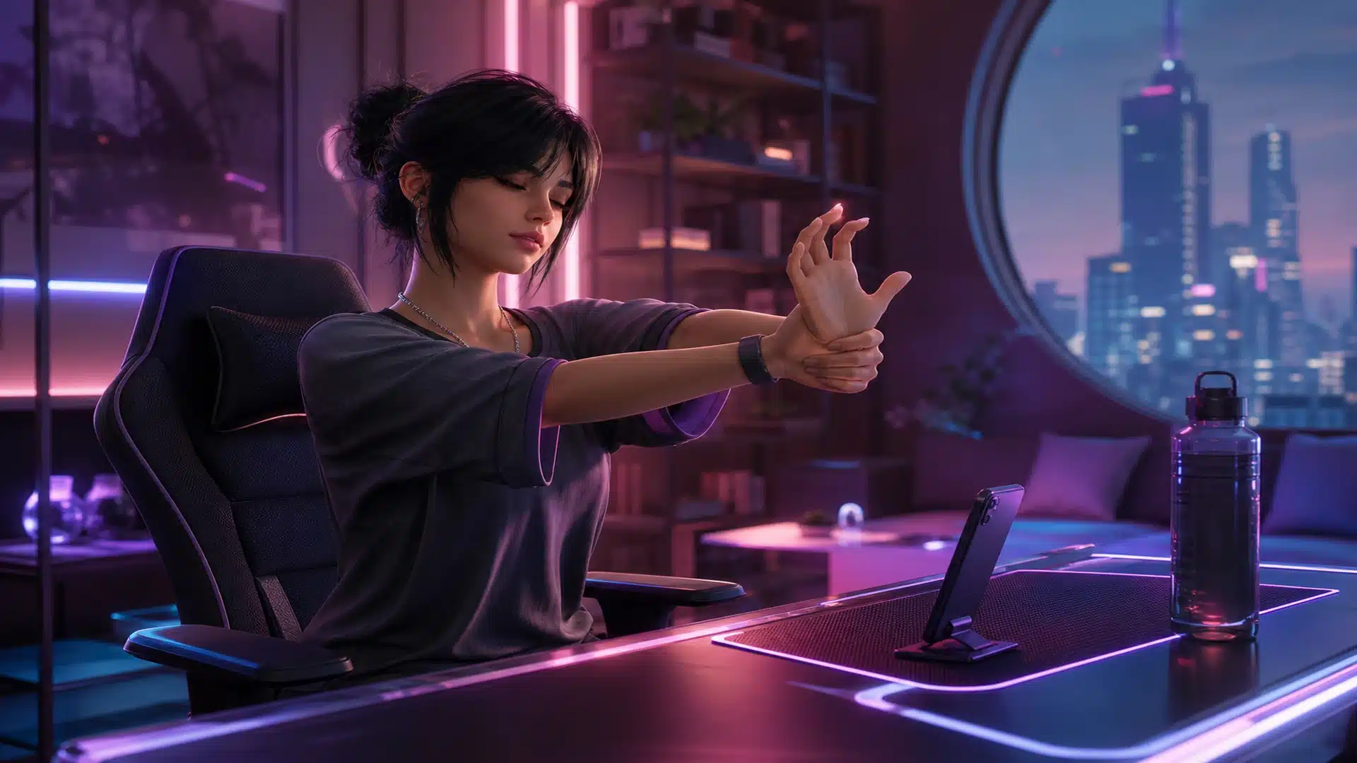 Ilustrasi gamer mobile melakukan stretching pergelangan di meja neon